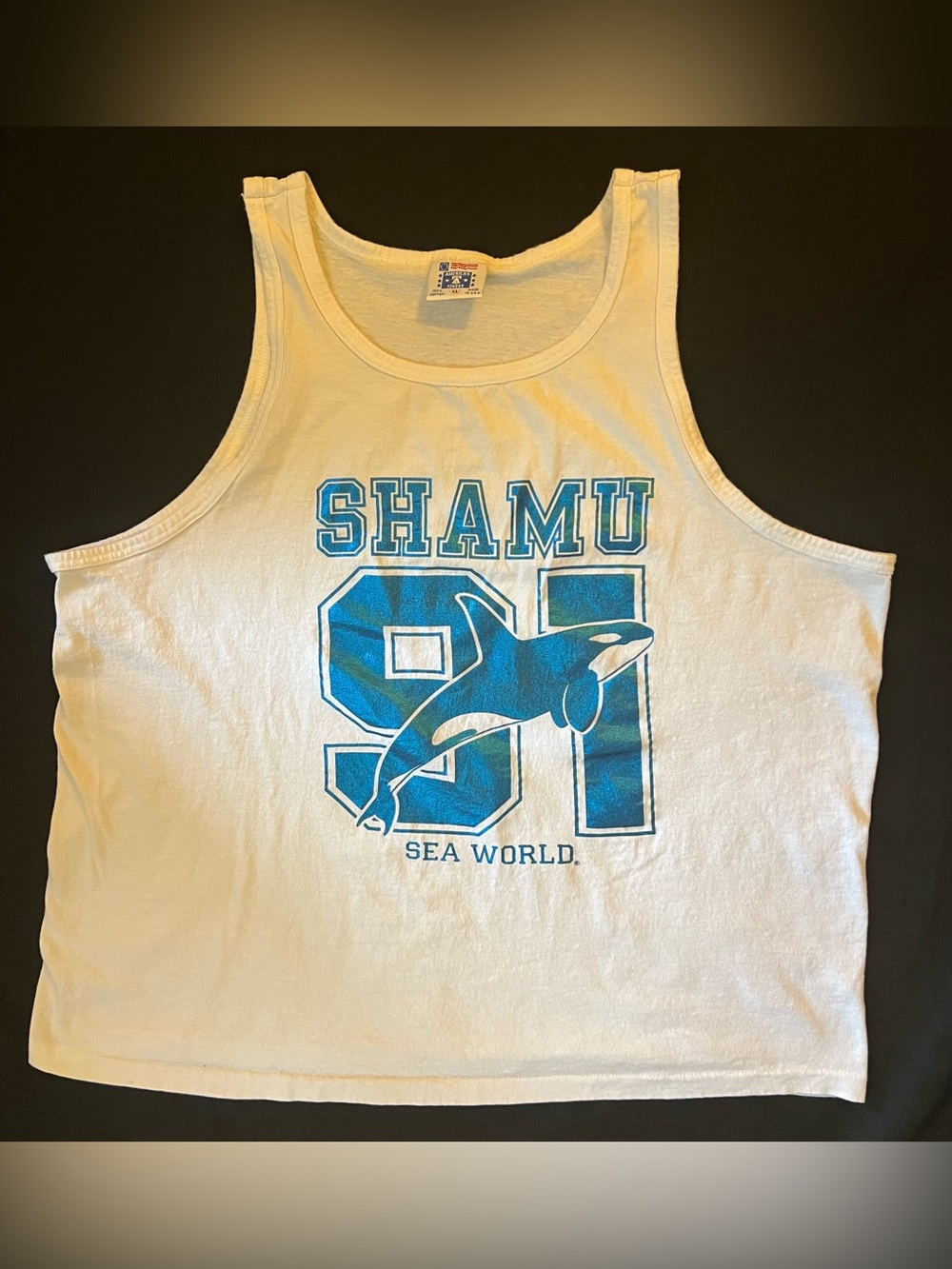 Vintage Men’s 91 Sea World Shamu White Tank Top Size XL